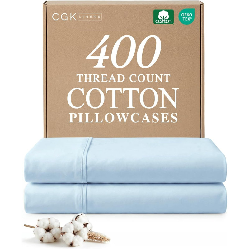 100% Cotton Pillowcase Set, 400 Thread Count Hotel Luxury Pillowcases, Soft & Breathable, Set of 2, Light Blue, King