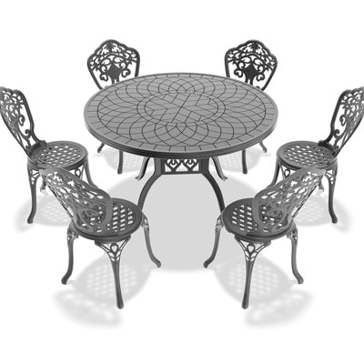 Ensemble de 7 meubles de salle à manger d'extérieur en aluminium moulé, structure noire, finitions sculptées élégantes, résistant aux intempéries, pieds antidérapants, design élégant, revêtement, assise confortable, coussins antibruit.