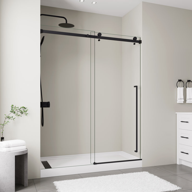 56" - 60" W X 75" H Single Sliding Frameless Shower Door With 5/16" (8mm) Clear Tempered Glass, Stainless Steel Frame, Explosion-Proof Film