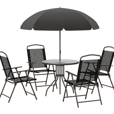 Ensemble de salle à manger d'extérieur 6 pièces pour 4 personnes, noir. Table et chaises de patio avec parasol. Tissu rembourré respirant et pliable. Plateau rond en verre. Parfait pour le jardin, la cour ou la piscine. Dimensions : 51,1 cm (l) x 63,2 cm (p) x 93,9 cm (h). Profondeur : 80 cm. Hauteur : 69,2 cm.