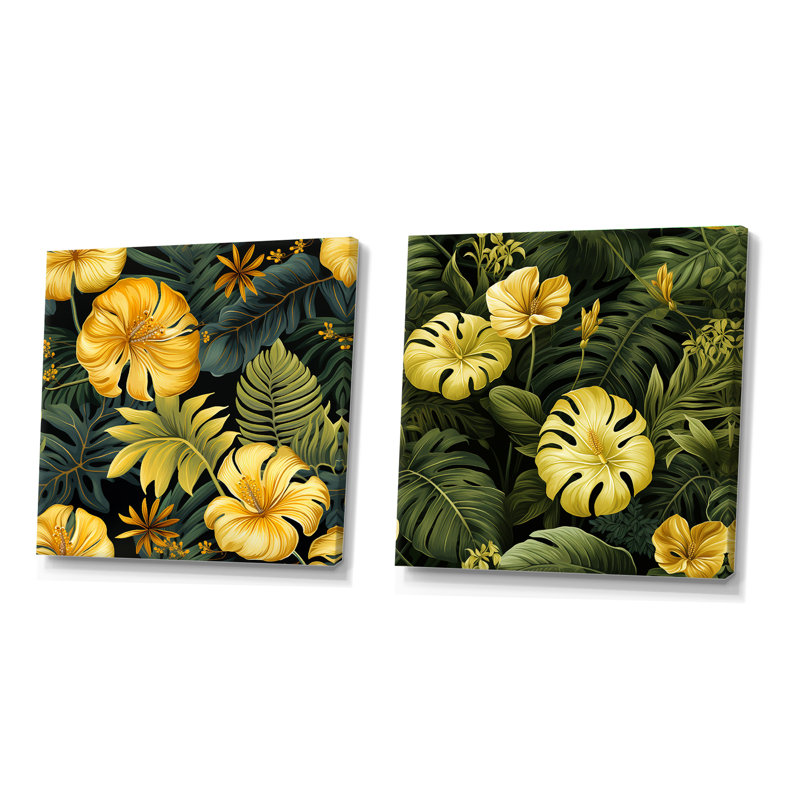 Corteney - Ensemble de 2 collages floraux carrés, H 30 po x l 61 po, Toile tendue