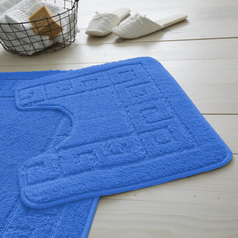 2 Piece Bathroom Rug Set Greek Key Pattern Bath Mat & Pedestal Mat Non Slip Rubber Back Soft Absorbent Mats, Blue