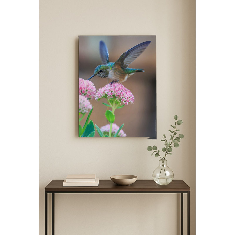 Colibri aux fleurs roses — Portrait en métal, H 18 po x l 12 po