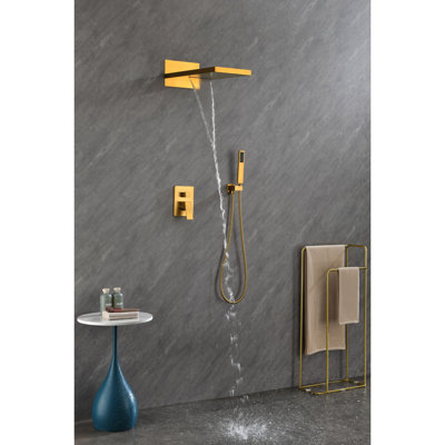 Ensemble de douche mural avec tête rectangulaire et douchette - fini laiton doré
