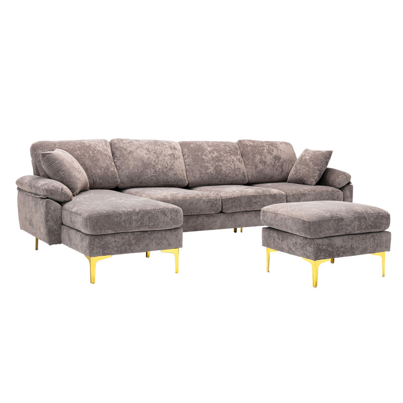 U-Shape Sectional Sofa  With Ottoman, Gray Velvet
