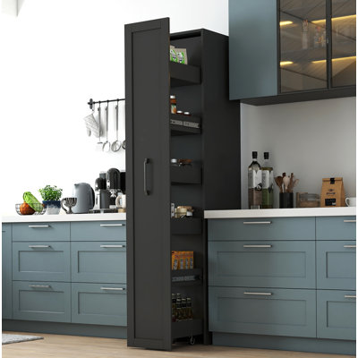 Black, Large, Slim Storage Cart, Kitchen Rolling Cart, Narrow Storage Cabinet With Handle & Wheels, Wood Spice Rack Next To Fridge, Pantry Shelf For Kitchen, Small Spaces