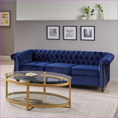 Sofas 3-Seater Traditional Chesterfield Living Room Sofa | Navy Blue Velvet