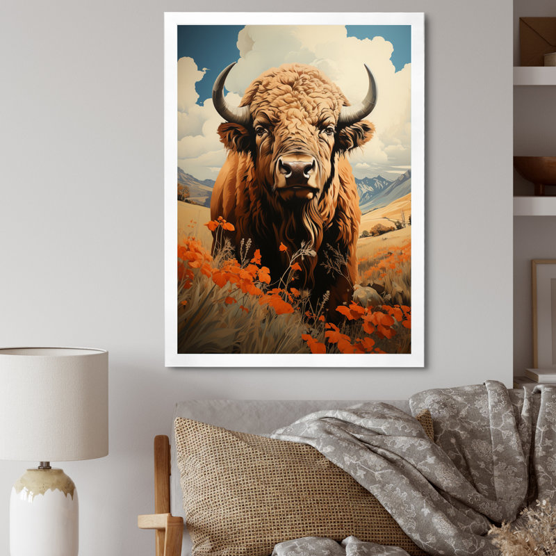 Buffalo Majestic Bison Pastoral III - Bison, art mural encadré, Cadre simple blanc, H 40 po x l 30 po x P 1,5 po