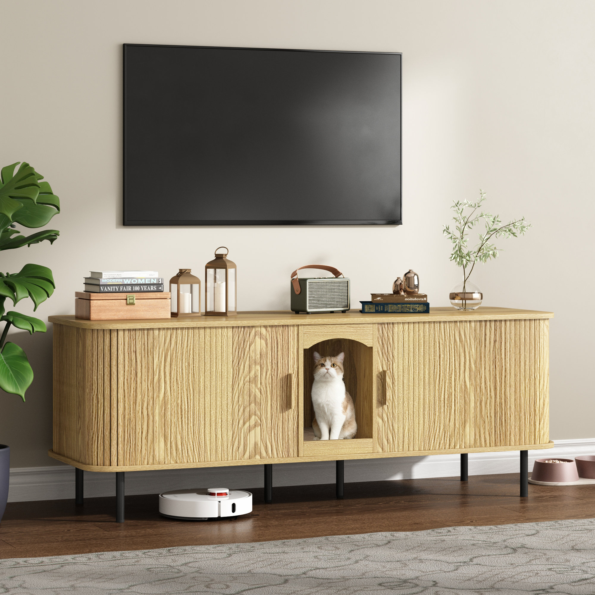Cat Litter Box Enclosure With Cat Scratch Pad Tv Stand
