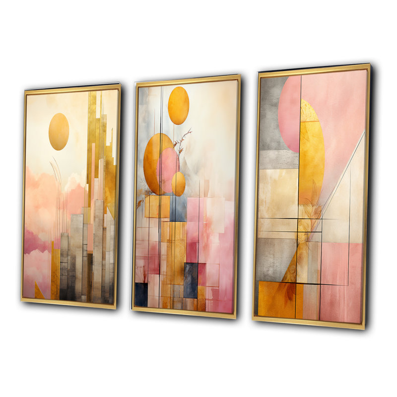 «Golden Moon Dreams Retro Illustration IV», 3 pièces, Cadre flottant doré, H 40 po x l 60 po