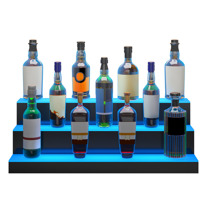 VEVOR LED Lighted Liquor Bottle Display Bar Shelf RF & App Control 30" 3-Step, 10" H x 30" W x 12" D