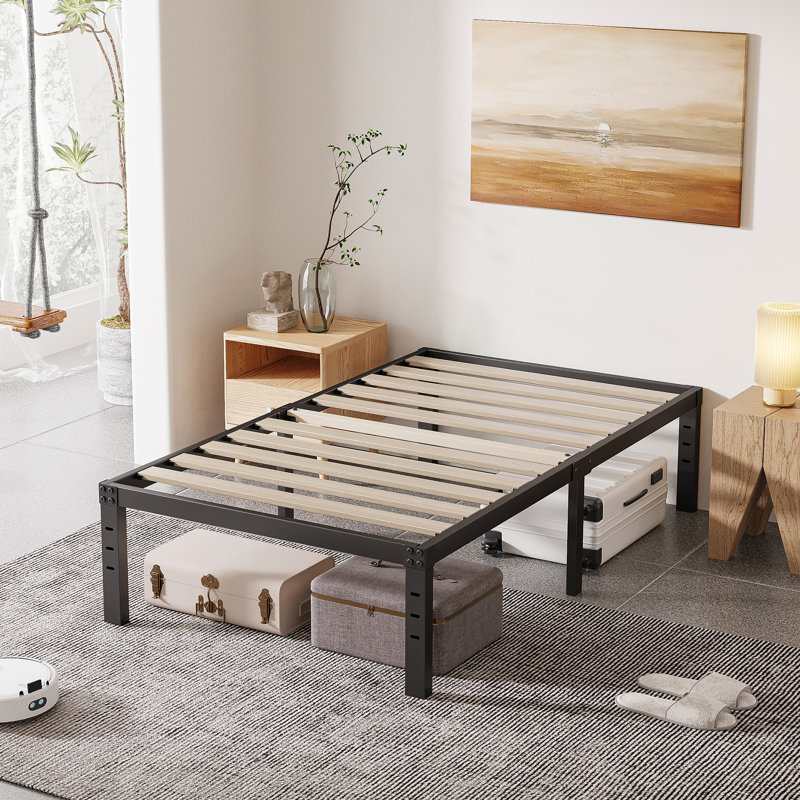 Marple 16 Inch Metal Platform Bed Frame with Wood Slat Support, Heavy Duty  Mattress Foundation, Noise Free Twin