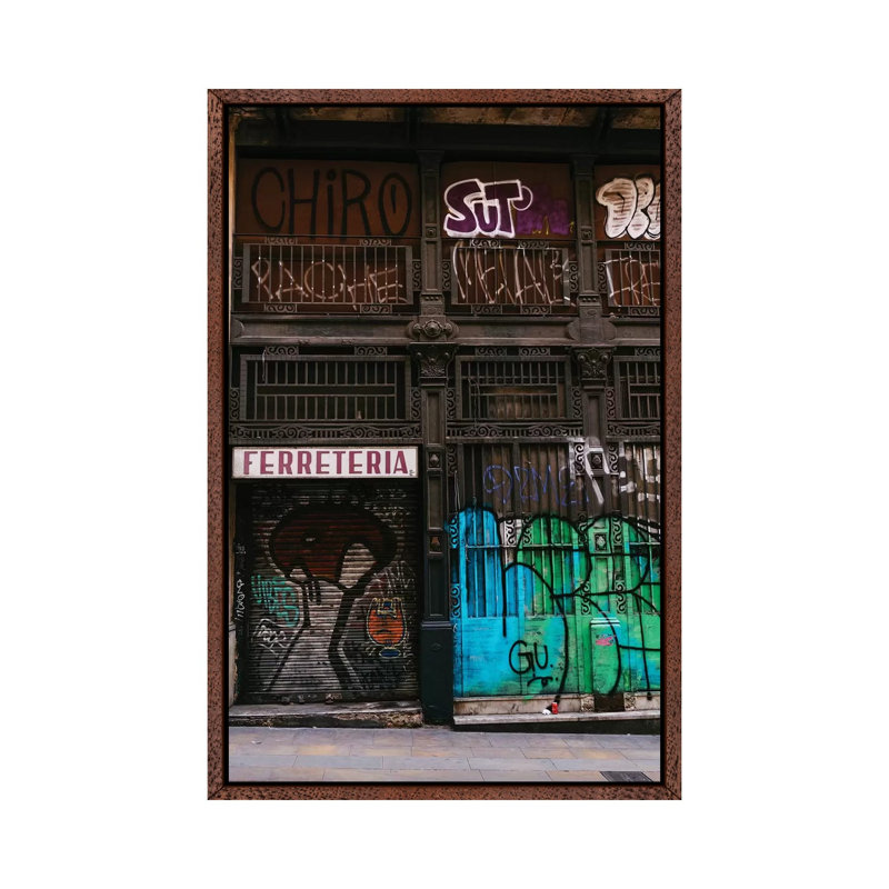 Barcelona Graffiti II by Bethany Young - Print on Canvas, 66.04cm H x 45.72cm W x 3.81cm D, Classic Brown Wood Framed