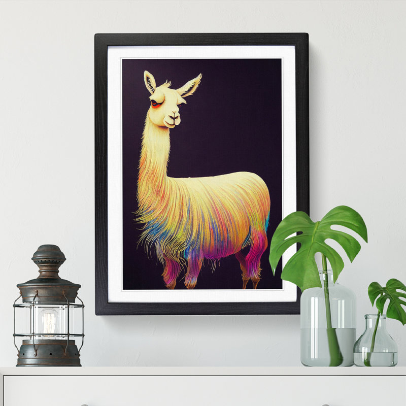 Llama Painting Marbling - Picture Frame Print, Black, 34cm H x 25cm W x 2cm D