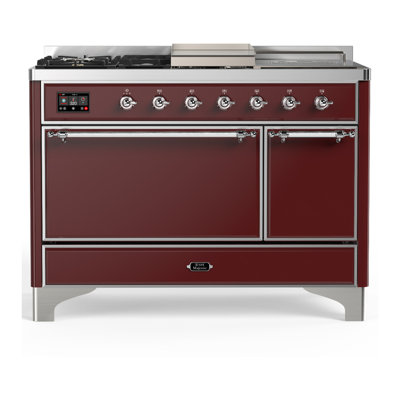 Cuisinière à double combustible de 48 pouces avec 5 brûleurs scellés, plaque chauffante et comptoir en bourgogne Majestic III Series (gaz naturel, garniture chromée)