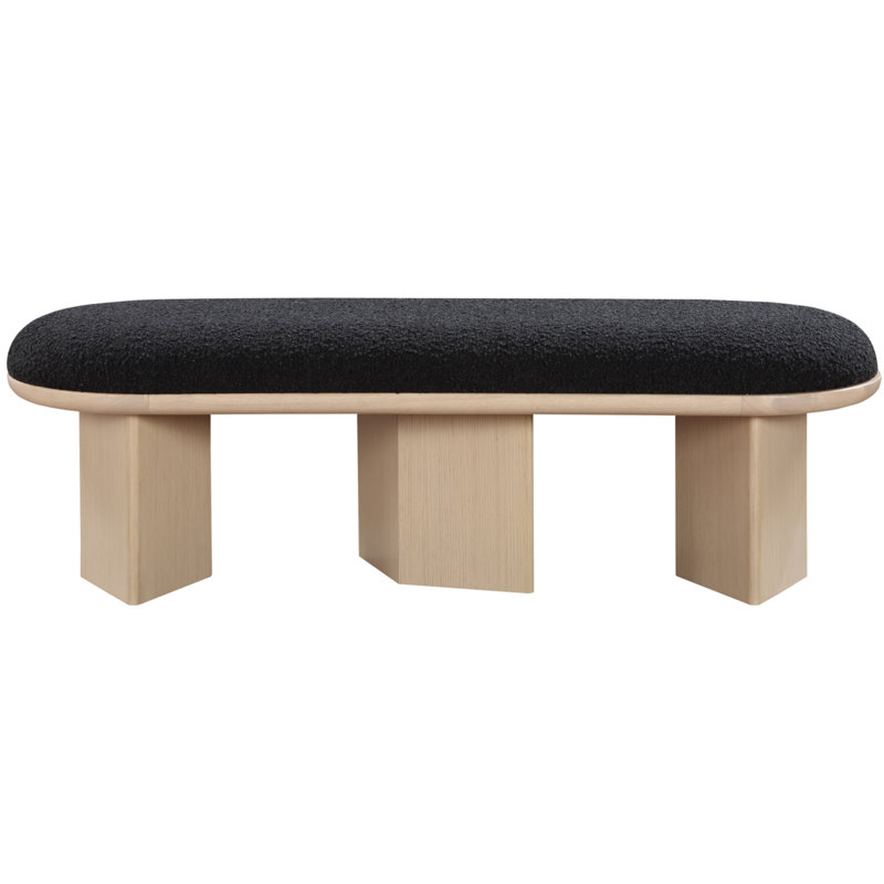 Wilshire Boucle Fabric Upholstered Bench, Black Boucle Fabric, Natural Oak