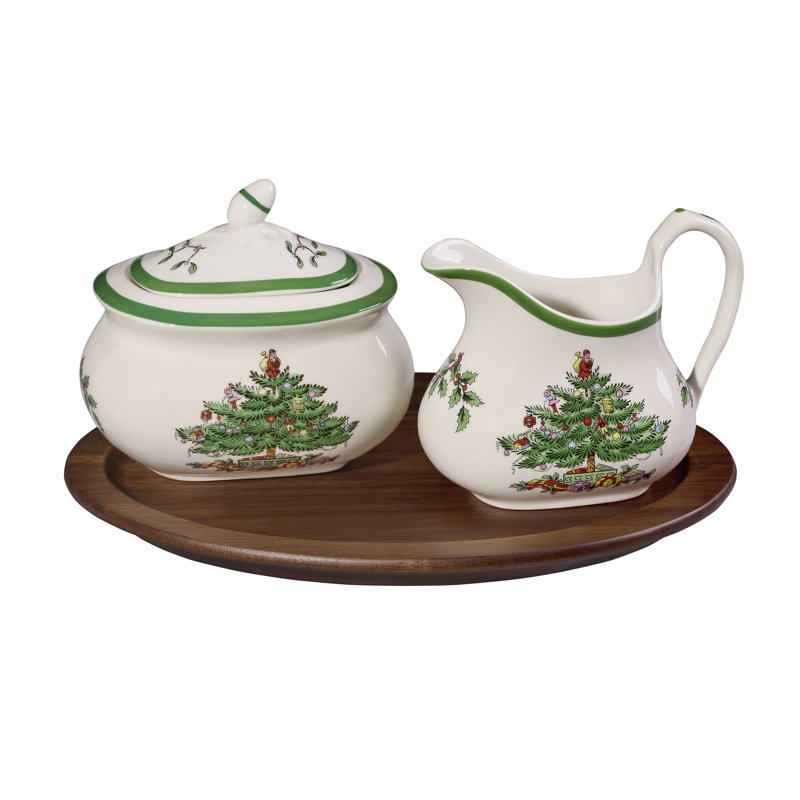 Plateau en bois avec ensemble 3 pièces sucrier et pot à crème