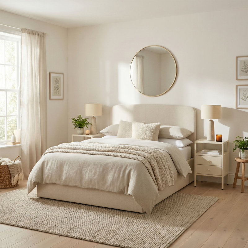 Aemilia Upholstered Ottoman Storage Bed, Cream Fabric, Double