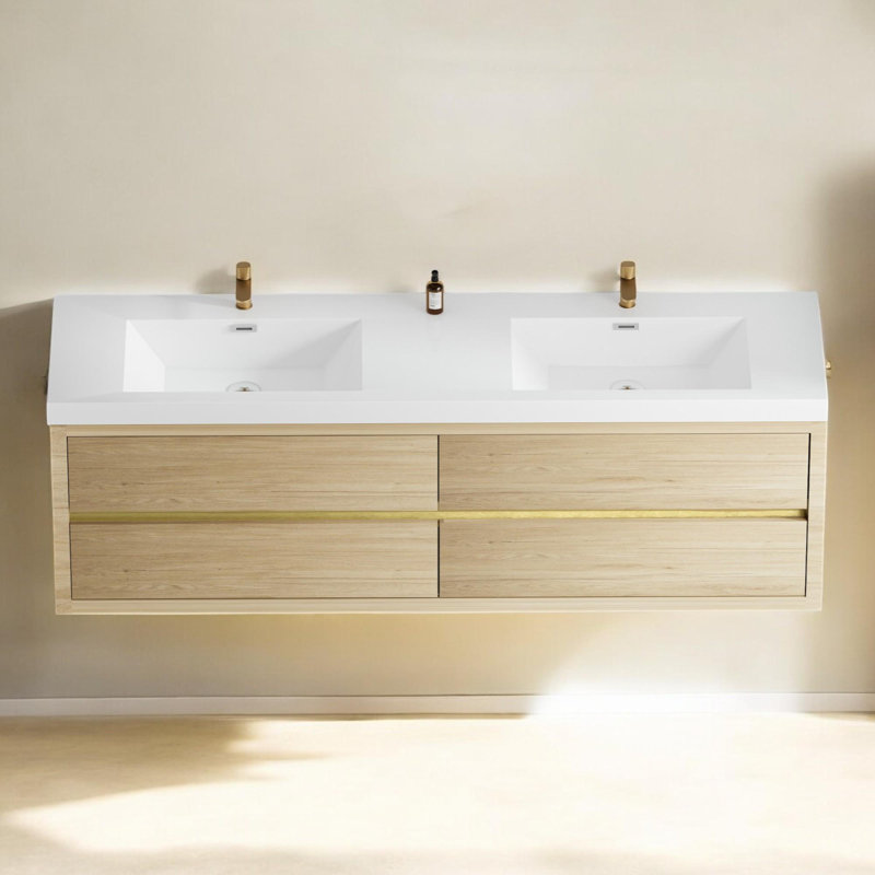 Meuble-lavabo mural double 71 po avec plateau en résine Kaushal, Chêne naturel