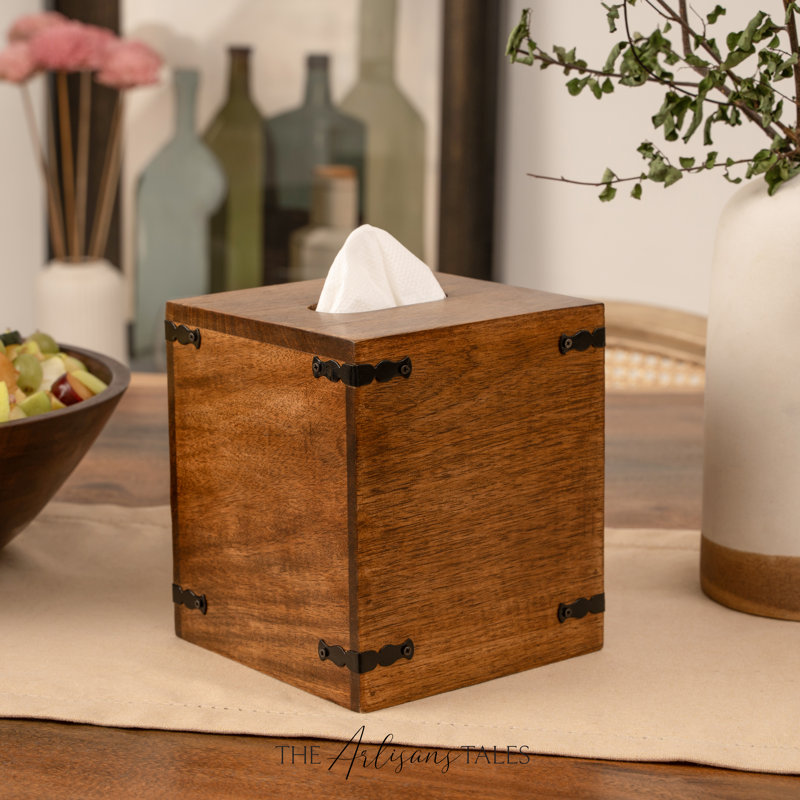 Rustic Burnt Mango Wood Square Tissue Holder – Handmade Farmhouse Tissue Box Covers, Brown