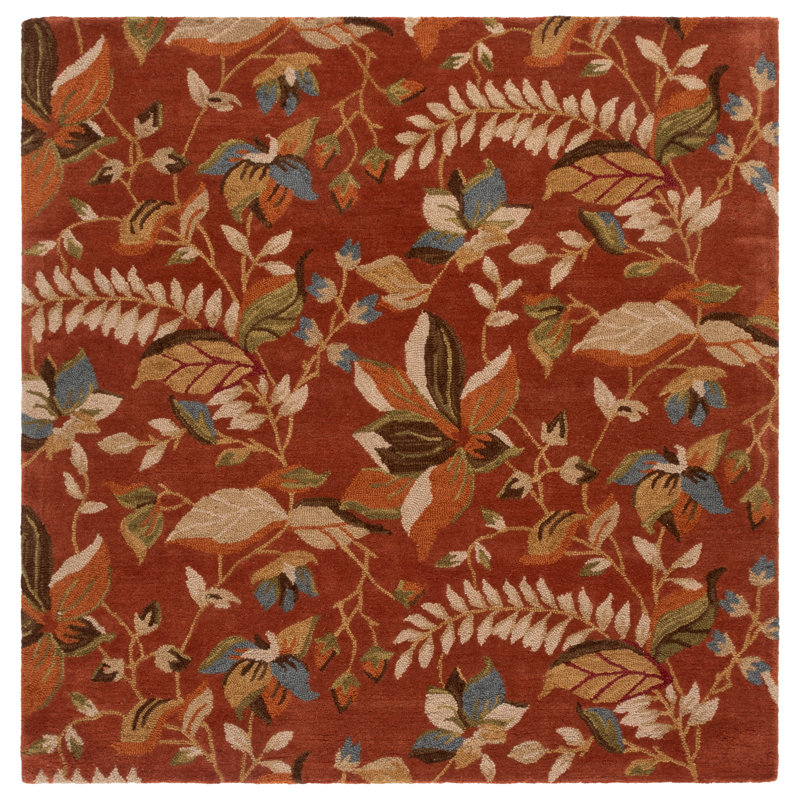 Tapis de couleur rouille en laine / coton / latex crocheté à la main à motif floral Emrick, Carré 6 pi