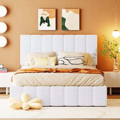 White Upholstered Platform Bed With Hydraulic Space. Plywood Construction, 12 Slats. No Box Spring Required. Classy Linen Upholstery. 400Lbs Capacity. 78.3"L X 57.4"W 45.5"H. Mattress Not Included