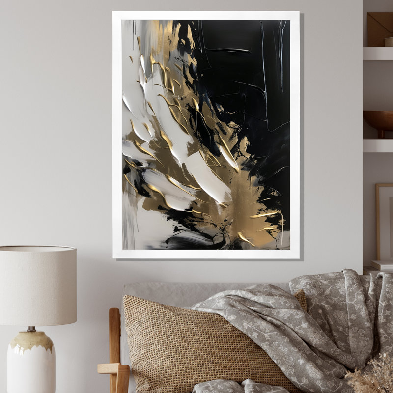Organic Bliss Minimal Abstract Gold and Black - Art abstrait, peinture murale, H 32 po x l 16 po x P 1 po, Cadre simple blanc