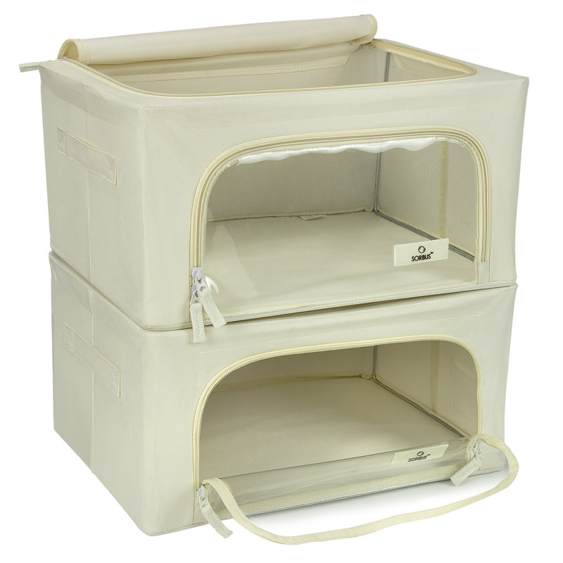 Sorbus Medium Storage Box Foldable with Window & Handles, Beige, 8" H x 15.75" W x 12" D