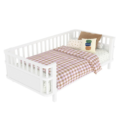 White Twin 'S Double Platform Bed With Iron , And Stable, Three - Sided Fence, Easy To Assemble, American Design For Bedroom Install,