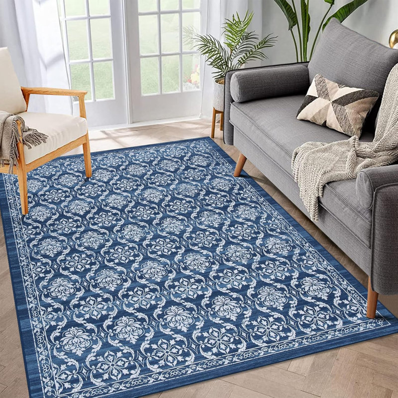 Area Rug Modern Floral Washable Rugs, Thin Non Slip Living Room Rug Low Pile Boho Floral Carpet Trellis Distressed Bedroom Rugs for Dining Room Playroom Kitchen Home Office