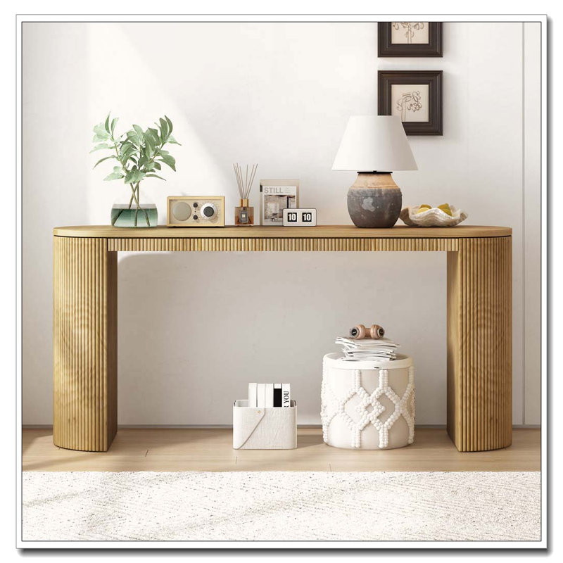 Curved Design Console Table with Unique Vertical Stripe Design, Natural