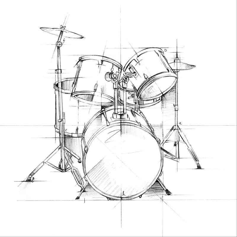 Drum Sketch by Ethan Harper - Wrapped Canvas Print, 30cm H x 30cm W  