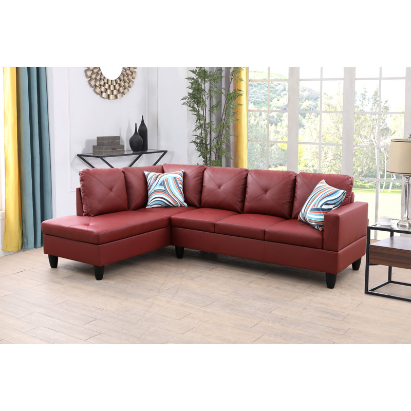 Tamez Faux Leather L-Shaped Sectional, Left Hand Facing, Burgundy Faux Leather