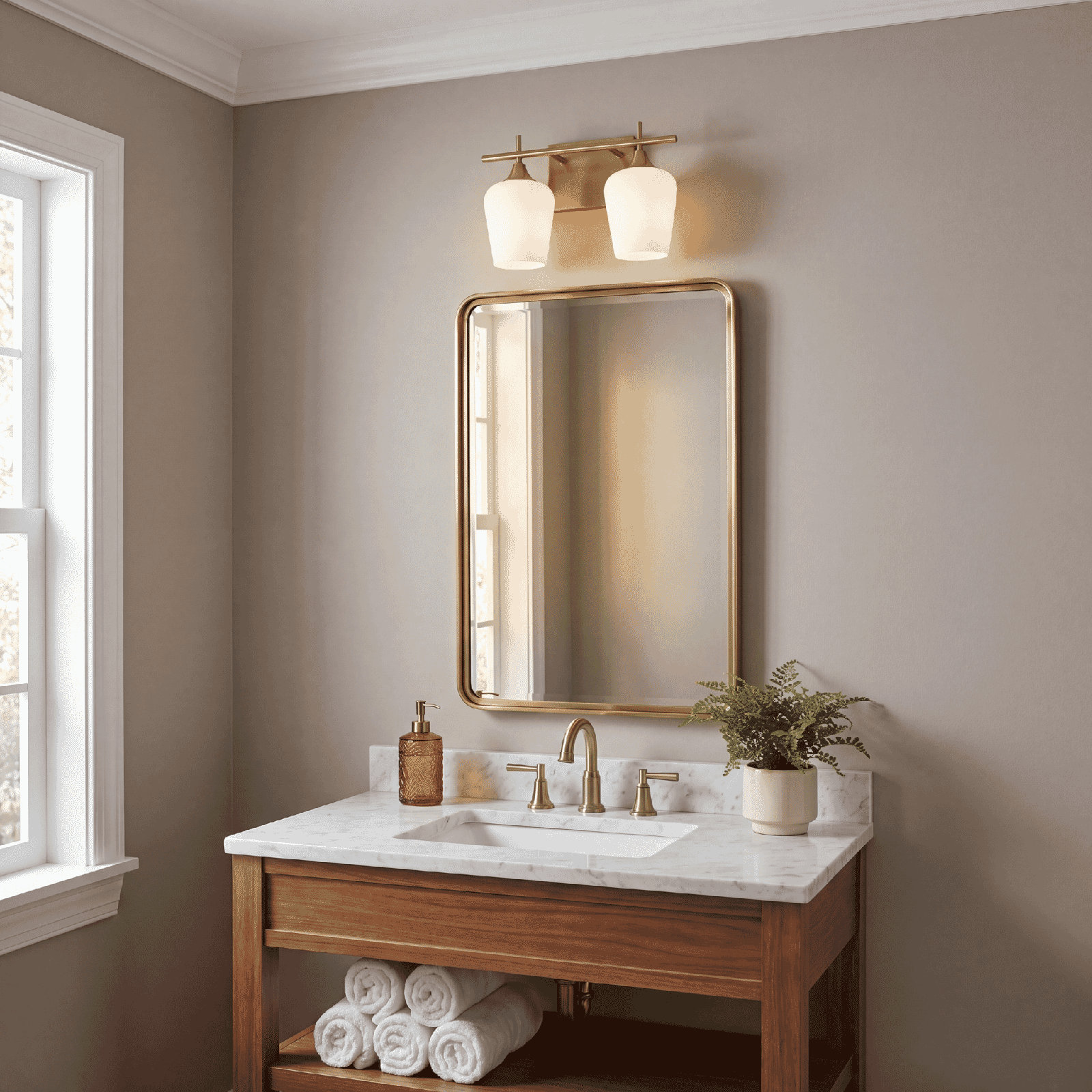 Breena Dimmable Vanity Light, White, Warm Brass