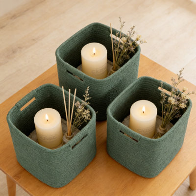 Collapsible Storage Baskets 3-Pack, 11 Inch Woven Cotton Rope Organizer Bins For Shelves, Closet, Nursery, And Home Organization