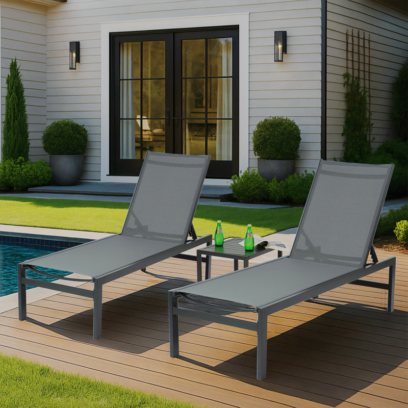 Kozyard 3Pieces Outdoor Chaise Lounge, Aluminum Frame and Textilene Fabric, Adjustable Reclining Patio Lounger for Poolside, Sunbathing & Backyard Gray, 2Chairs with Table