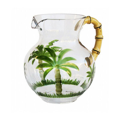3 Quart Clear Acrylic Water Pitcher with Lid and Spout, Palm Tree Design