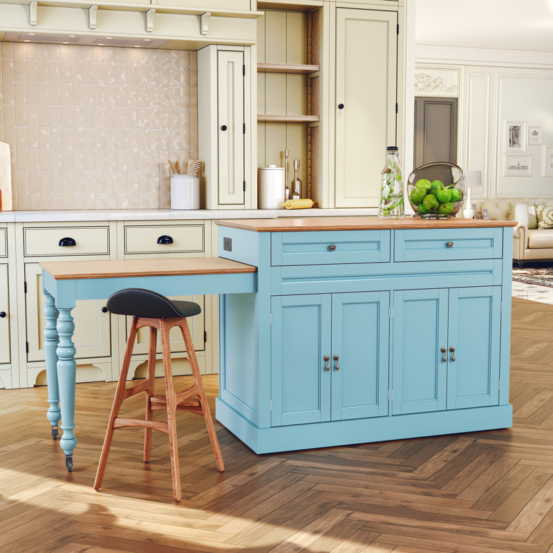 Îlot de cuisine avec table rétractable, station de charge intégrée et roues verrouillables, Bleu