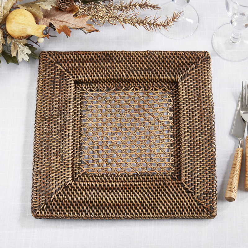 Ensemble de 4 assiettes décoratives carrées en rotin tissées à la main l 13 po x L 13 po, Brun