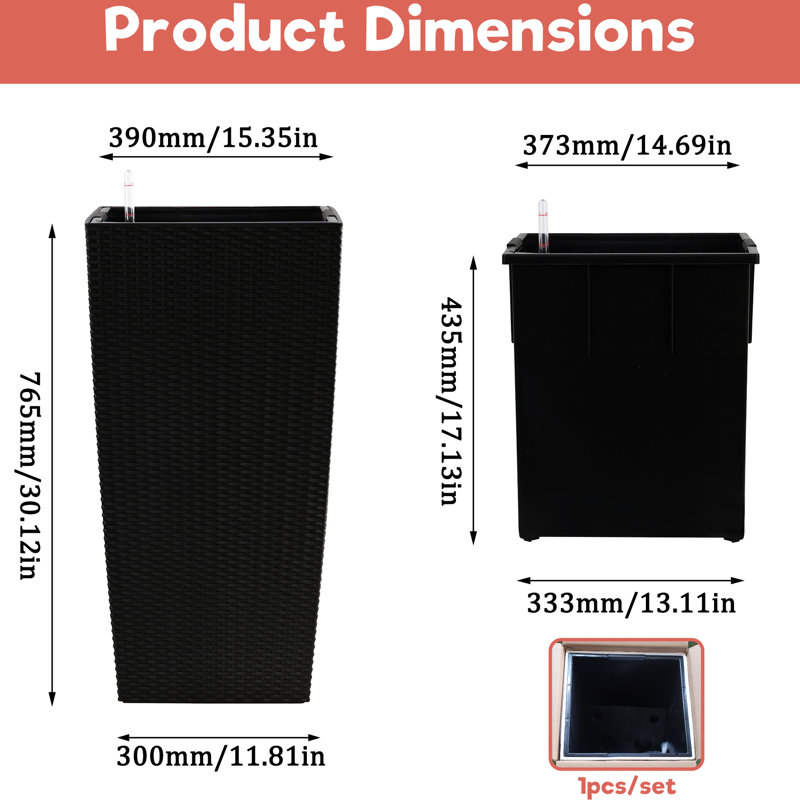 Large 30 In Tall Self - Watering Plant Planter With Drainage Holes, Inner Bucket, And Water Level Monitor, Black Pp Pot For Garden, Patio, Porch, Stabilized Plastic To Wear