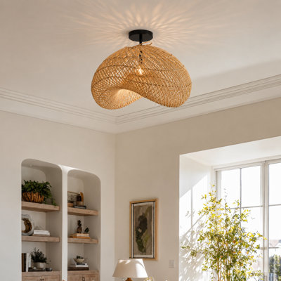 Plafonnier encastré en rotin Sepherina - Plafonnier semi-encastré ajustable tissé à la main en rotin et naturel pour îlot de cuisine ou salle à manger de style moderne, Mid-Century et Contemporain