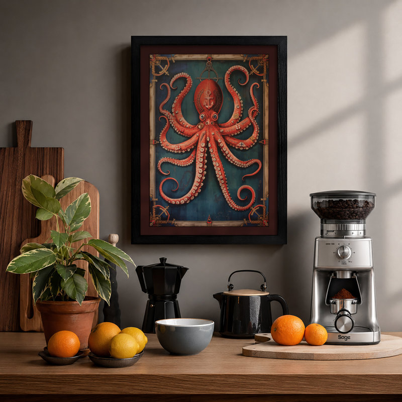 Ornamental Octopus Art Deco - Framed Print, Black, A4 - 29.7 x 21.0 cm