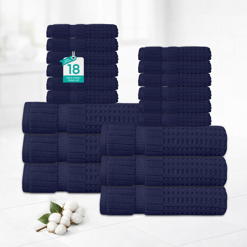 Ensemble de serviettes 18 pièces Willow - 100% coton peigné, qualité supérieure 630 g / m², bleu marine, ultra doux et très absorbant (ensemble de 6 serviettes de bain, 12 serviettes de toilette)
