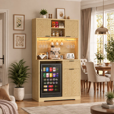 72" Mini Fridge Cabinet With Storage, Coffee Bar Cabinet With Mini Fridge, Tall Coffee Bar Station With Rgb Led Light, Wine Glass Holder, For Home Kitchen Living Room, Brown