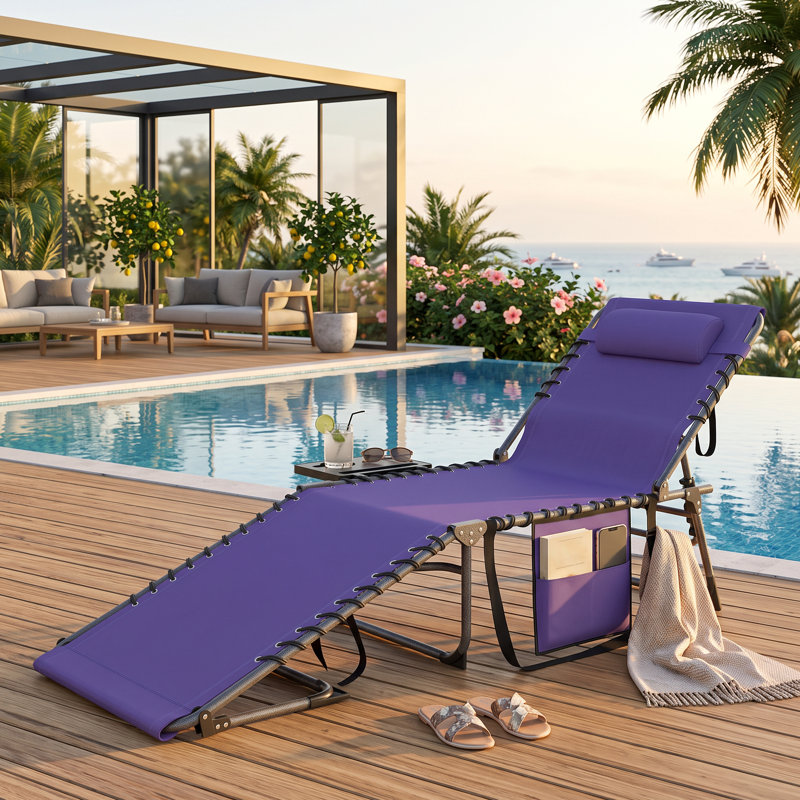 Outdoor Folding Lounge Chair With5-Level Adjustable Backrest And Tray Table, Purple