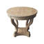 Table de salle à manger ronde, de style moderne, dimensions compactes, pieds galbés, aspect bois naturel, 2 tiroirs de rangement, placage de sapin sur les côtés, plateau