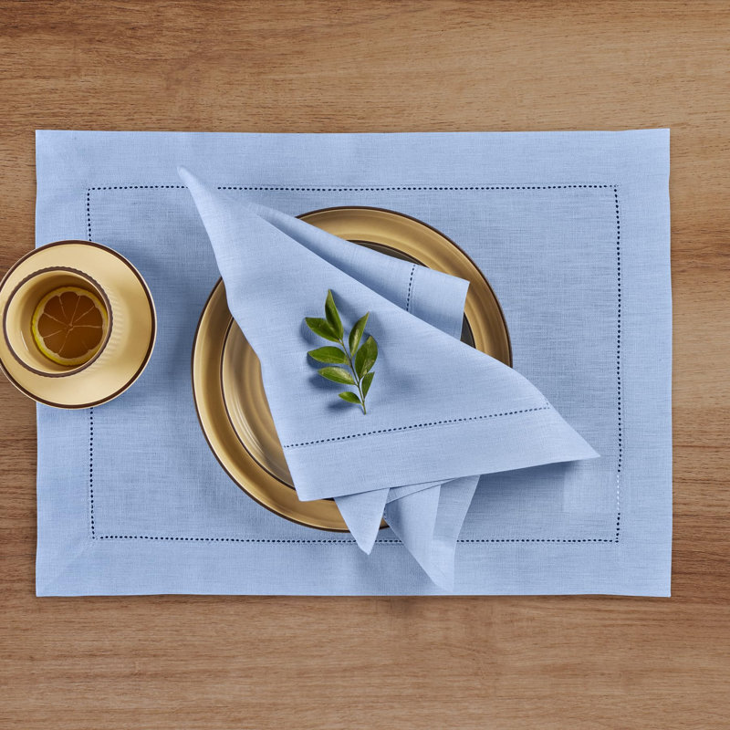 100% Pure Linen Hemstitch Dinner Napkins - Classic Hemstitch, Cornflower Blue