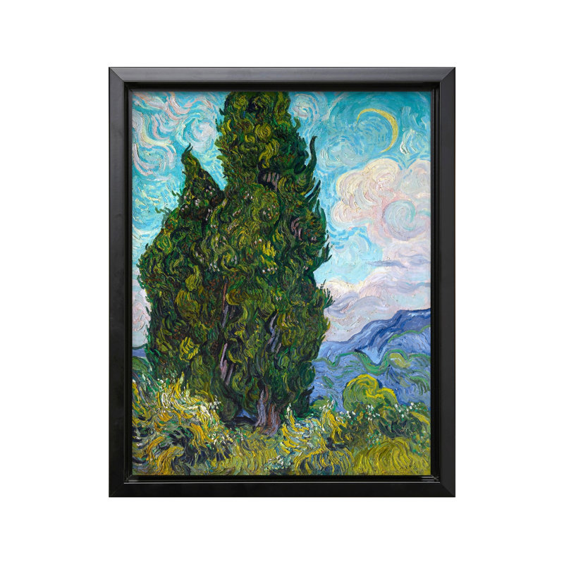 Van Gogh - Cyprès, Cadre noir, Canevas, H 08 po x l 10 po