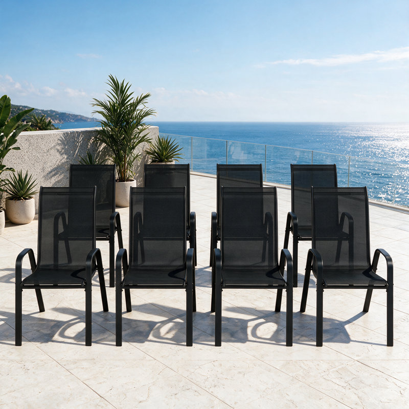 Chaises de patio empilables, tissu Textilène durable avec accoudoirs, cadre en métal robuste, chaises de salle à manger d'extérieur ergonomiques à séchage rapide pour la cour arrière et le bord de la piscine (noir, 8 pièces)