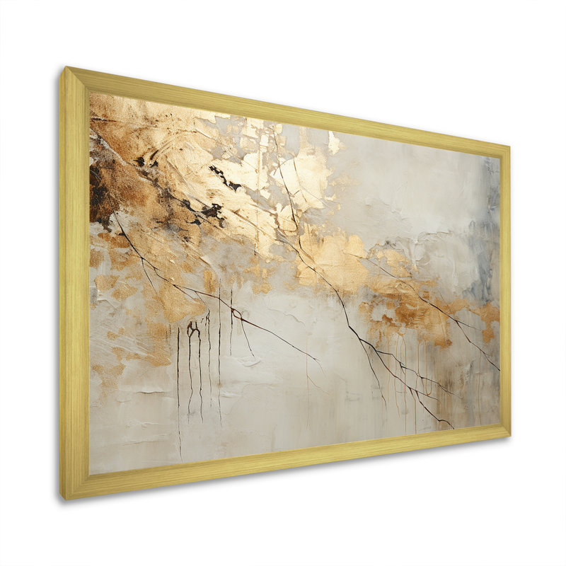 Art mural grand beige et or VI - formes abstraites, H 16 po x l 32 po x P 1 po, Cadre doré simple